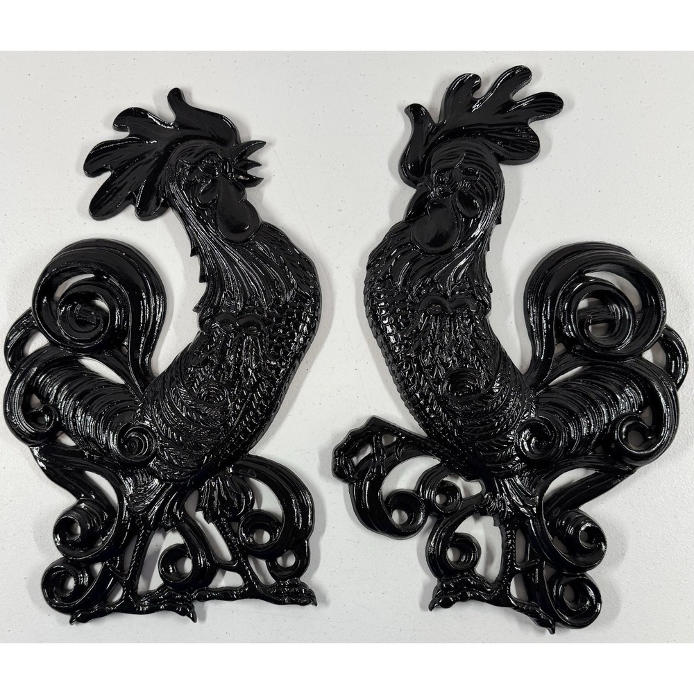Set of 2 Sexton Cast Iron Fighting Roosters Wall Plaques Black Metal Folk Art